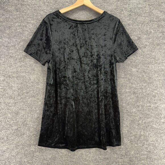 Spring & Mercer T-Shirt Women L Large Black Velvet V-Neck Short Sleeve Pockets - Picture 2 of 7